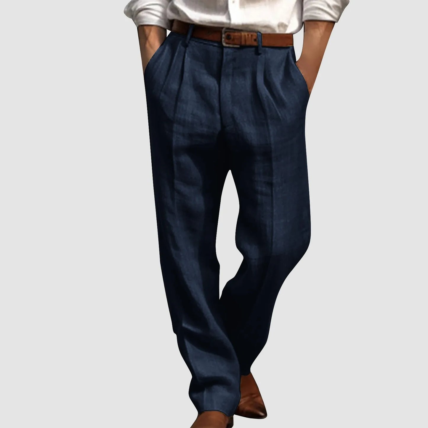 Men’s Cotton-Linen Pleated Trousers – Straight-Leg Office Pants