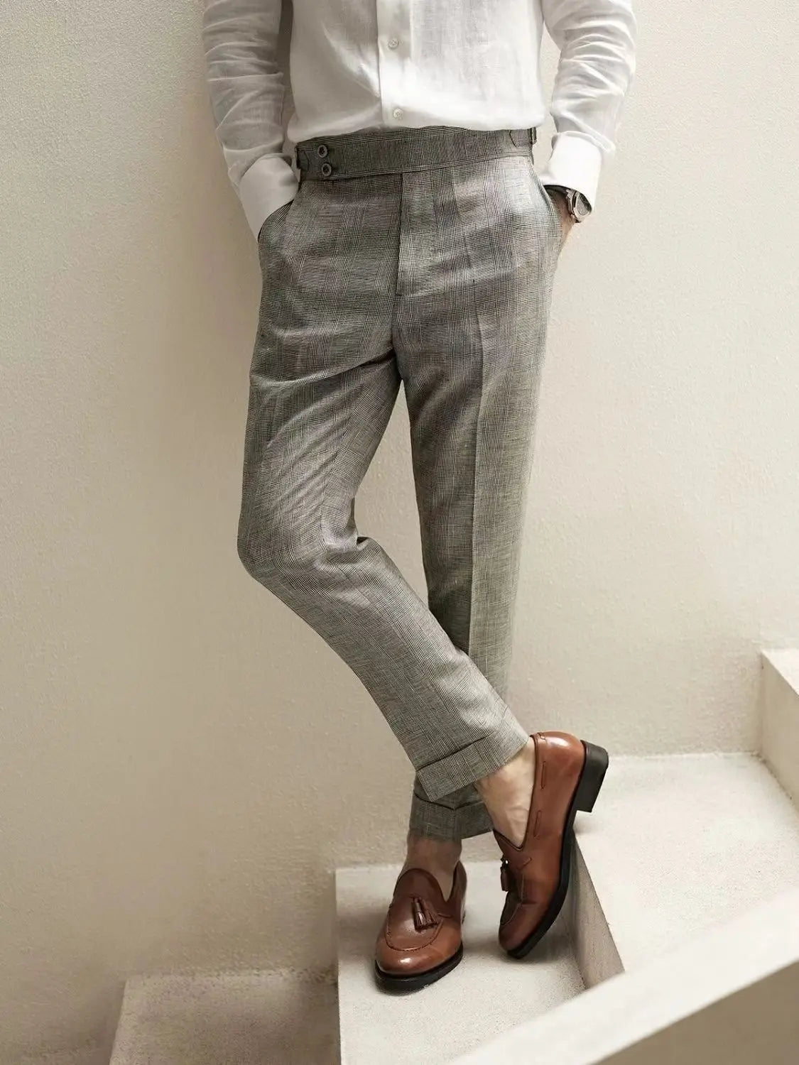 Men’s Vintage Linen Suit Pants – Slim Fit Ankle-Length Trousers
