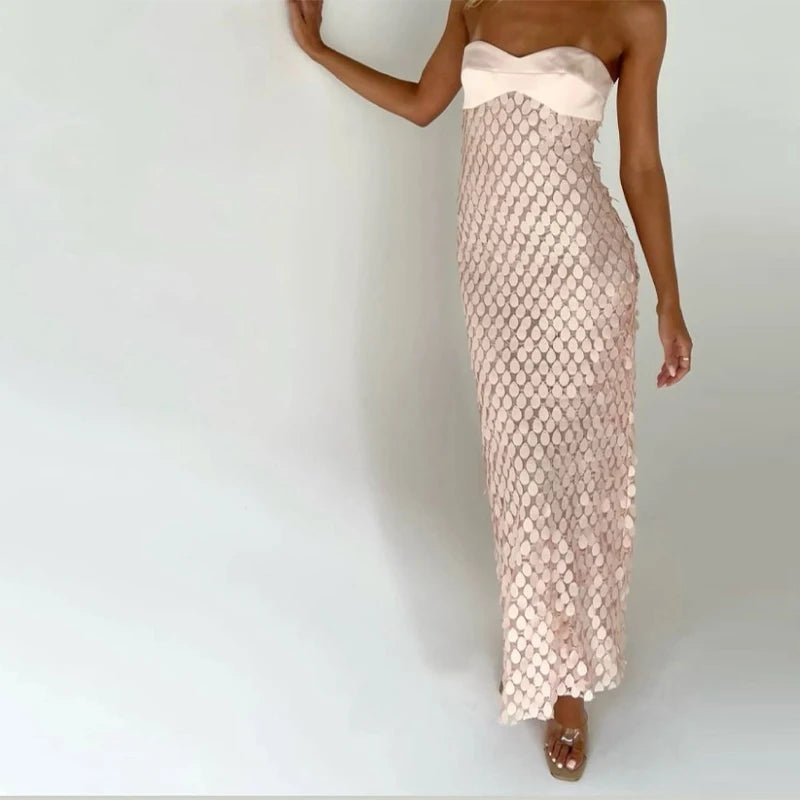 Strapless Slim Fit Patchwork Maxi Dress