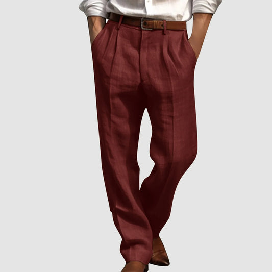 Men’s Cotton-Linen Pleated Trousers – Straight-Leg Office Pants
