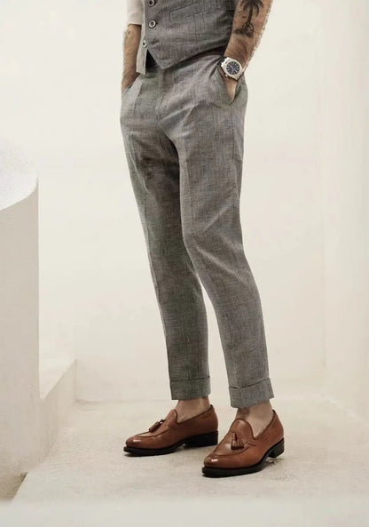 Men’s Vintage Linen Suit Pants – Slim Fit Ankle-Length Trousers