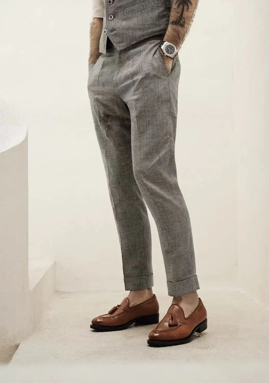 Men’s Vintage Linen Suit Pants – Slim Fit Ankle-Length Trousers